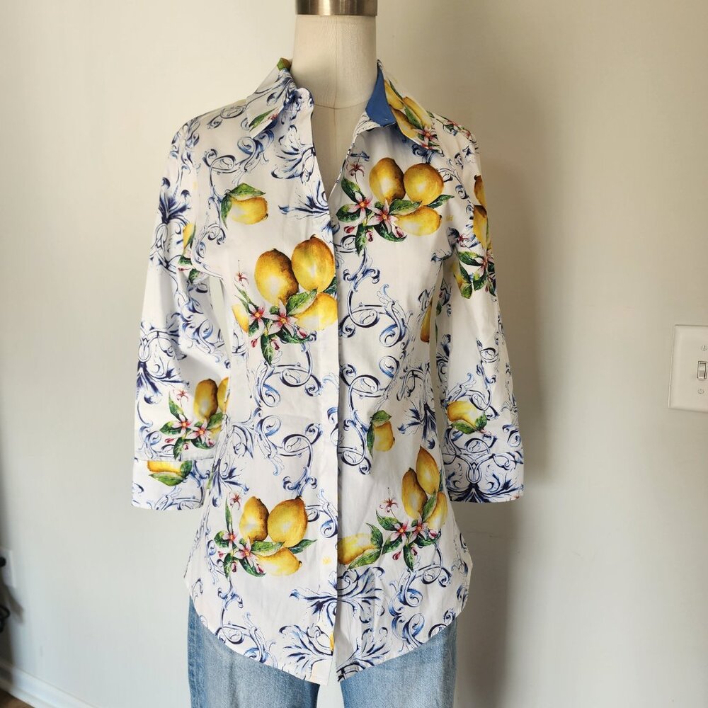 Perlavera Printed Cos 3/4 Sleeve Missy Fit Shirt in Lemon Size: XS